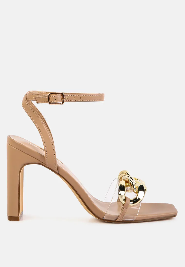 bottom kiss chain strap block heel sandals