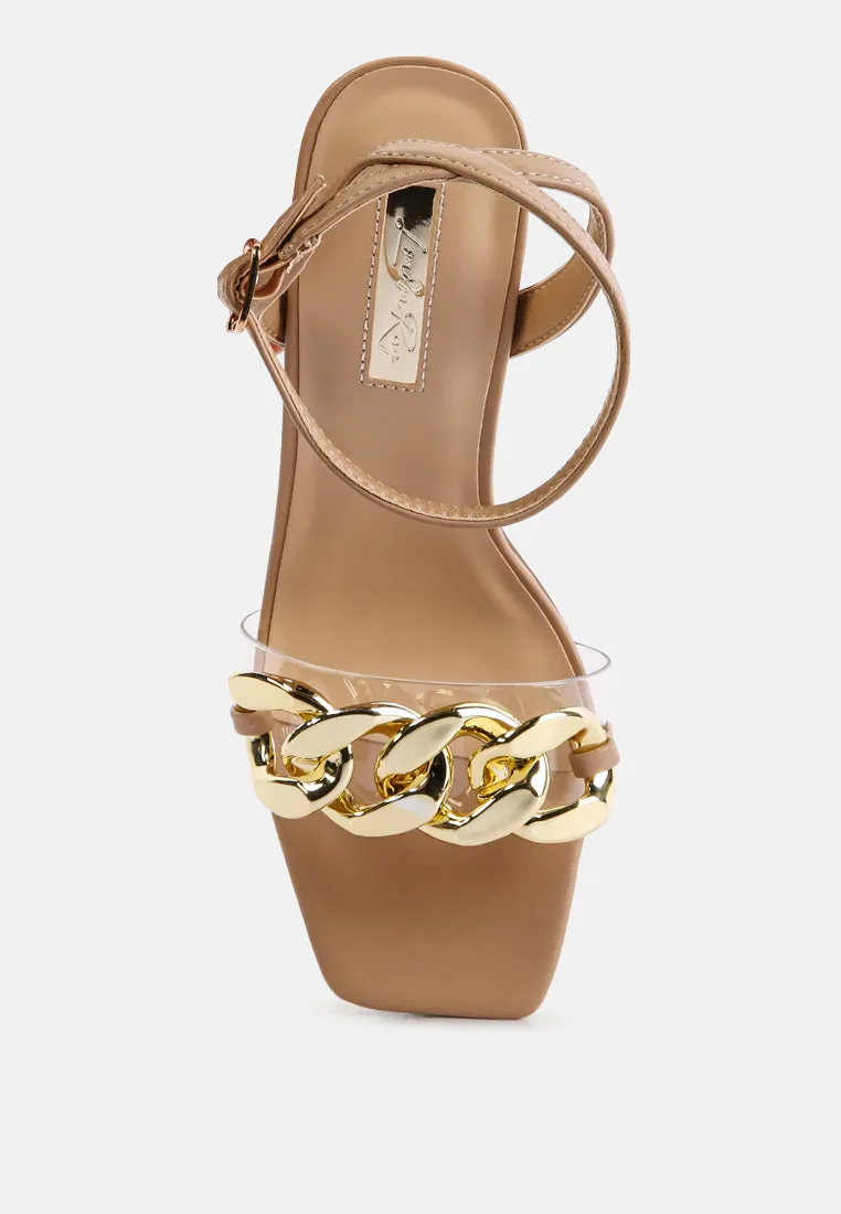 bottom kiss chain strap block heel sandals
