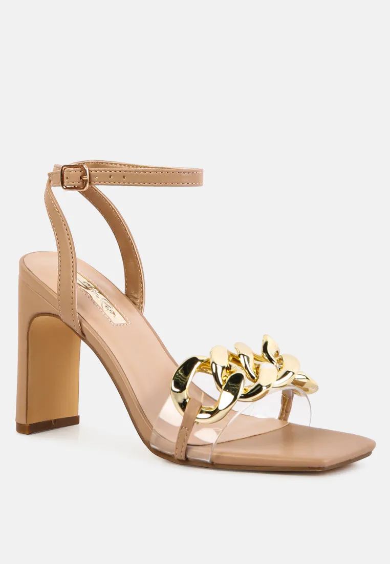bottom kiss chain strap block heel sandals