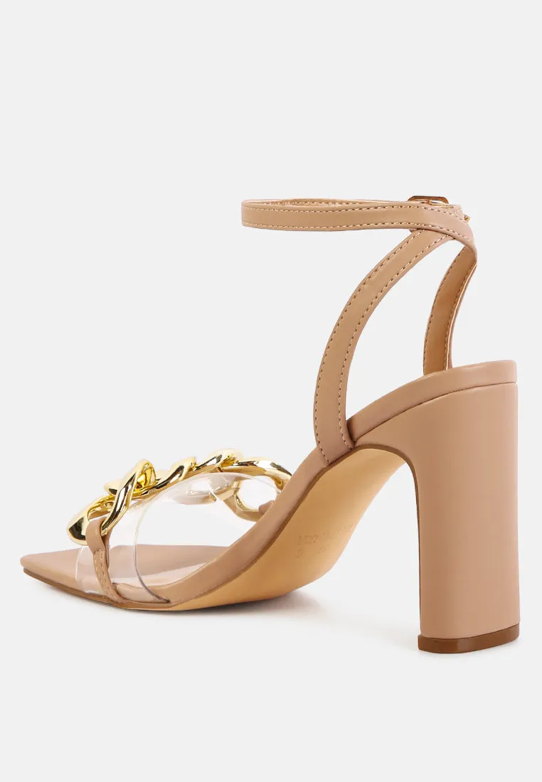 bottom kiss chain strap block heel sandals