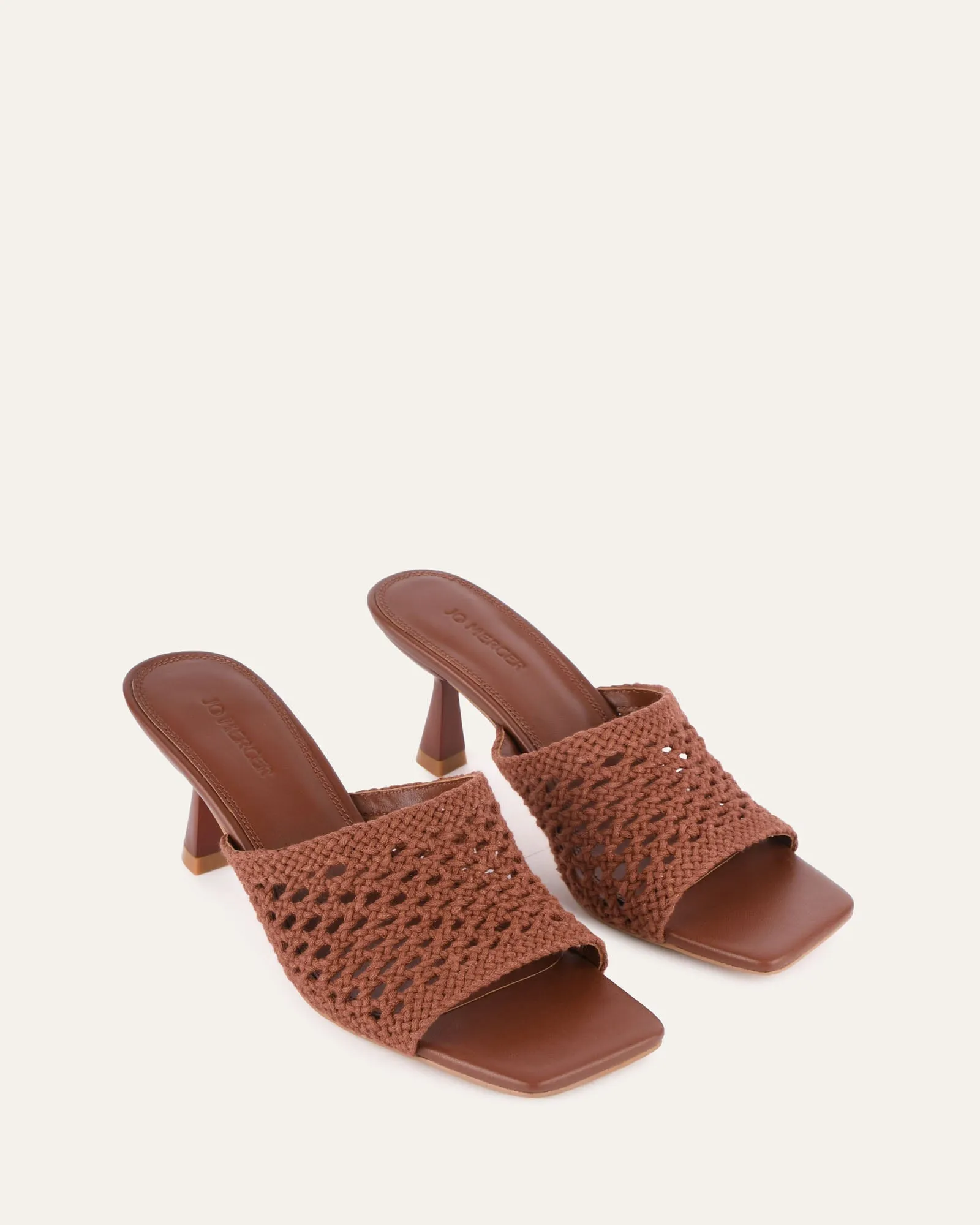 JORDYN MID HEEL SANDALS COGNAC TEXTILE Jo Mercer