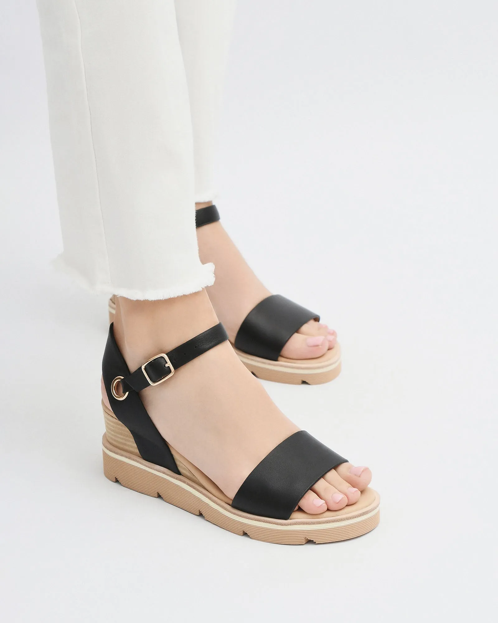 KATIE MID HEEL WEDGE SANDALS BLACK LEATHER Jo Mercer