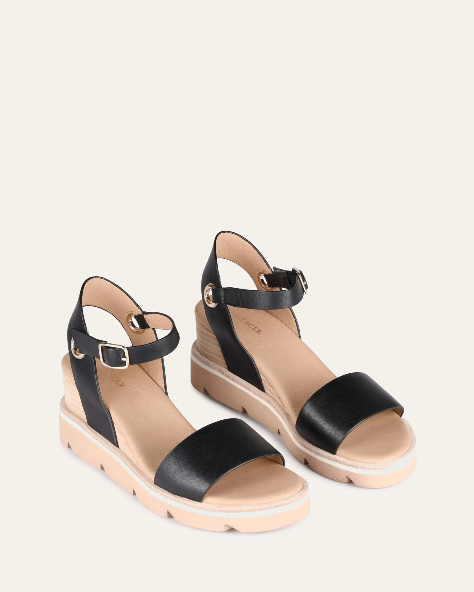 KATIE MID HEEL WEDGE SANDALS BLACK LEATHER Jo Mercer