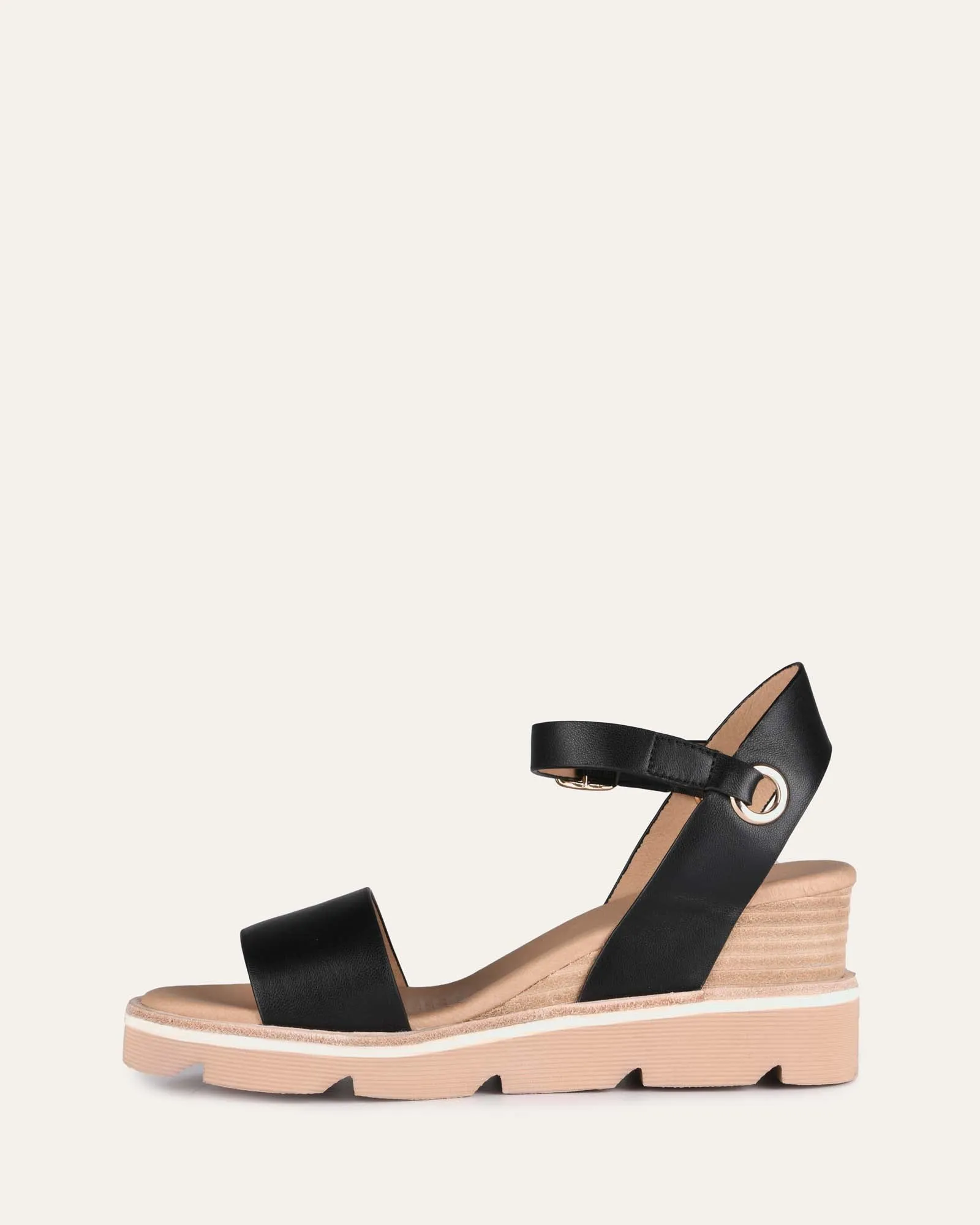 KATIE MID HEEL WEDGE SANDALS BLACK LEATHER Jo Mercer