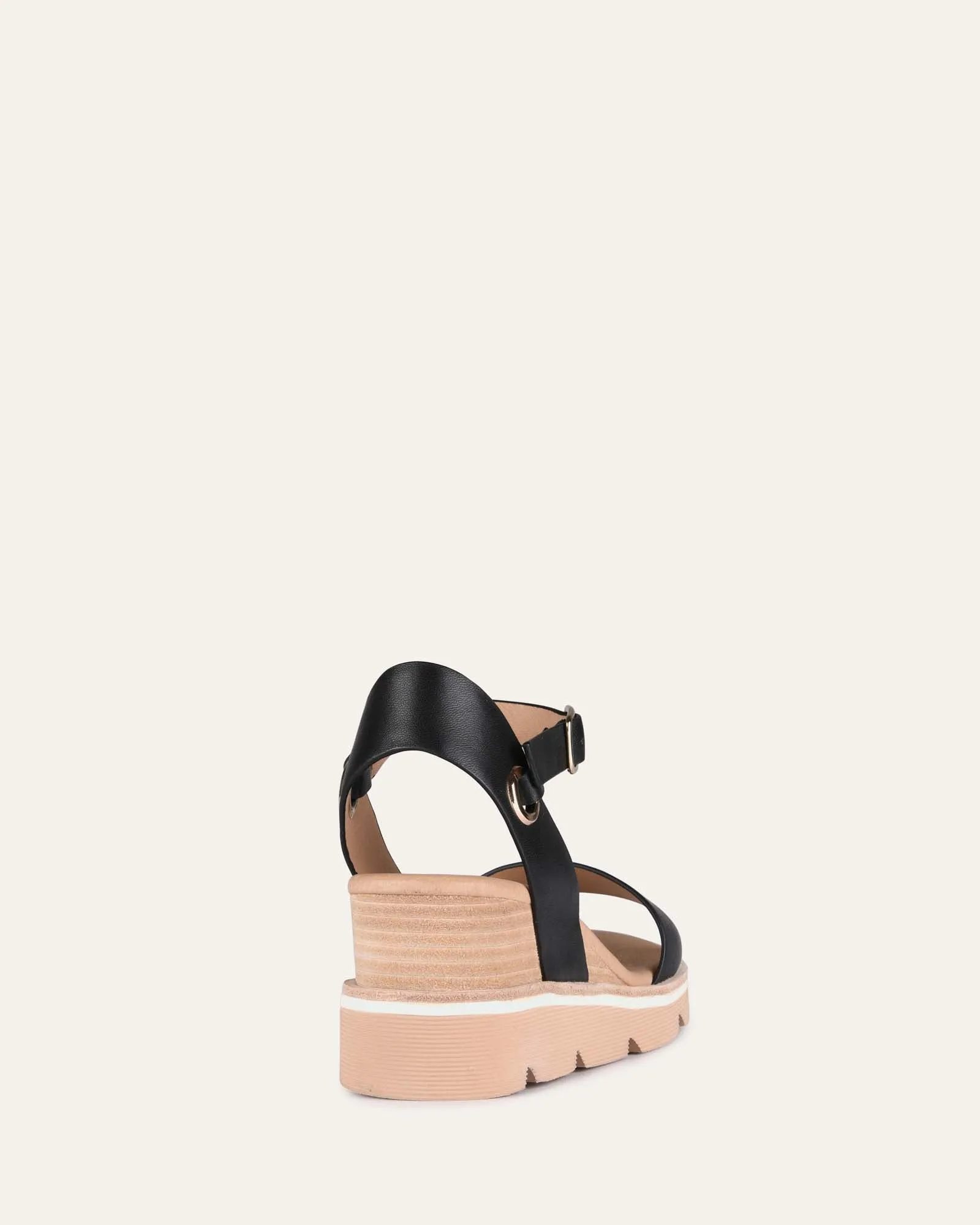 KATIE MID HEEL WEDGE SANDALS BLACK LEATHER Jo Mercer
