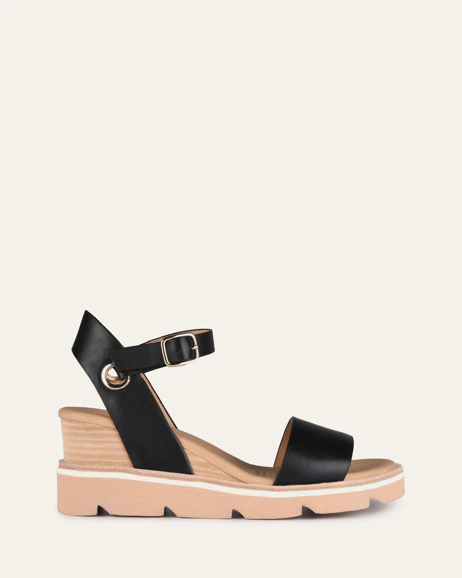 KATIE MID HEEL WEDGE SANDALS BLACK LEATHER Jo Mercer