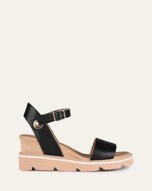KATIE MID HEEL WEDGE SANDALS BLACK LEATHER Jo Mercer