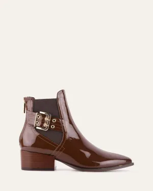RIVER FLAT ANKLE BOOTS DARK CHOC CRINKLE PATENT Jo Mercer