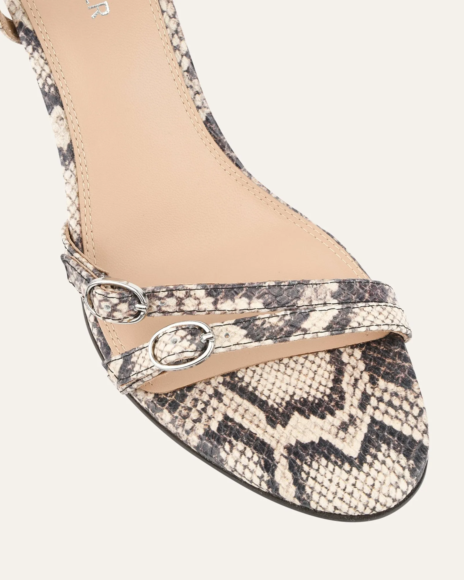 ROMY HIGH HEEL SANDALS NATURAL SNAKE PRINT LEATHER Jo Mercer