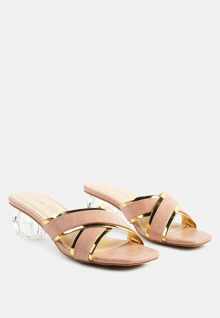 stellar gold line croc textured low heel sandals